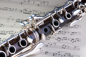 Wooden wind musical instrument clarinet. Close-up.